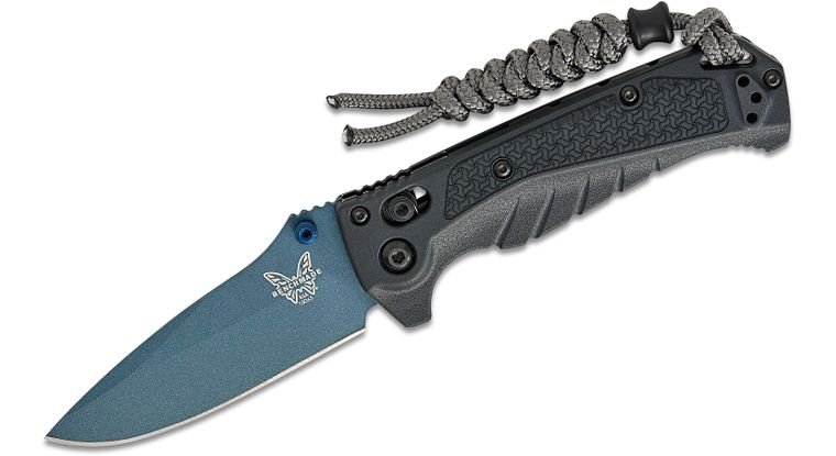 Benchmade Water Mini Adira Folding Knife 3.21" CPM - MagnaCut Blue Cerakote Drop Point Plain Blade, Tempest Gray Grivory Handles, Reversible Deep Carry Clip, AXIS/Crossbar Lock - 18065BT - 01 - SRK KNIVES AND SPORTS INC