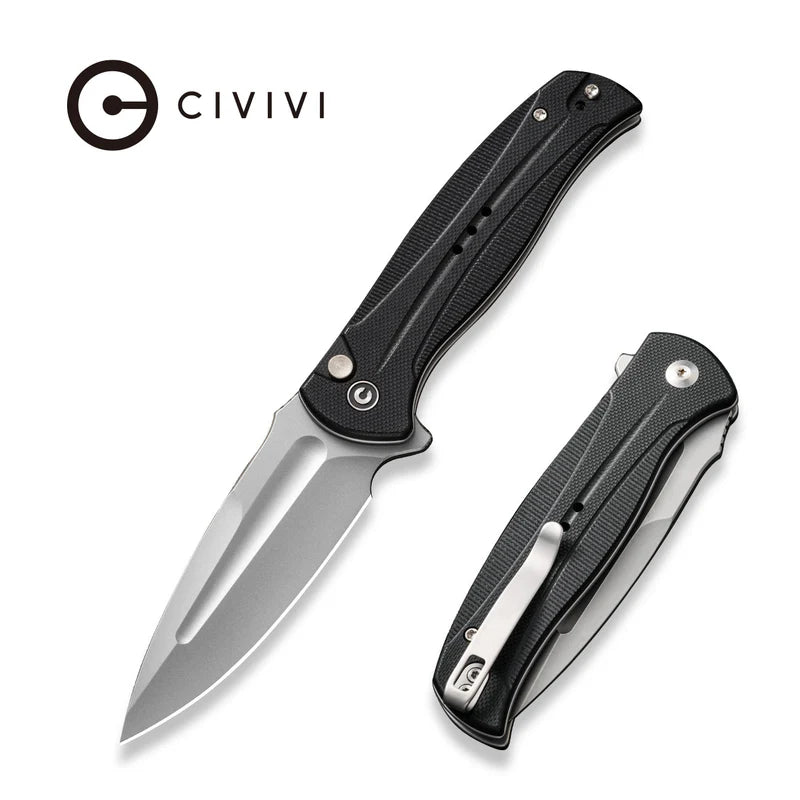 CIVIVI Knives Incindie Button Lock Flipper Knife 3.48" 14C28N Black Stonewashed Spear Point Blade, Black G10 Handles, Reversible Clip - C23053 - 1 - SRK KNIVES AND SPORTS INC