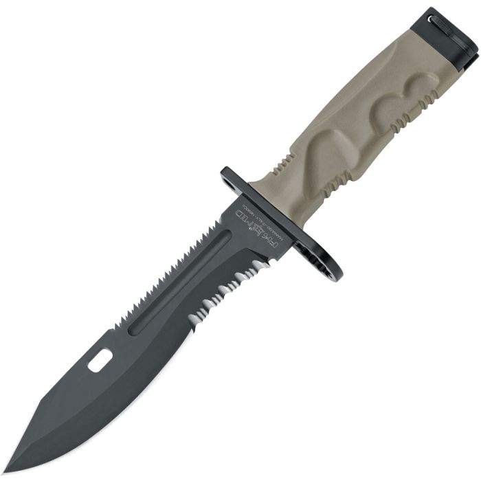 FOX FOX0193000 LEONIDA BLACK COATED N690 TAN FORPRENE HANDLE FIXED BLADE KNIFE W/SHEATH. - S&R KNIVES INC