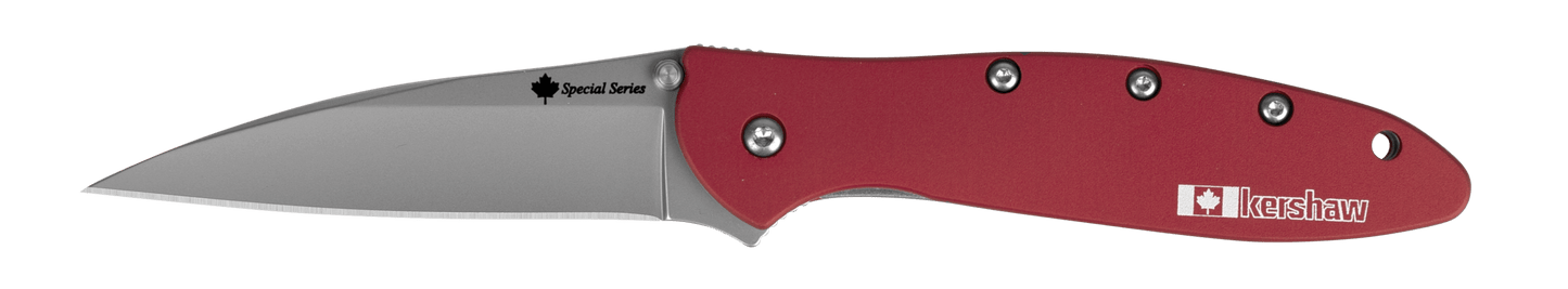 KERSHAW CANADIAN LEEK 1660CAN — CANADA SPECIAL SERIES, 14C28N WHARNCLIFFE BLADE, RED ANODIZED HANDLE, LINER LOCK - MADE IN USA - SRK KNIVES AND SPORTS INC