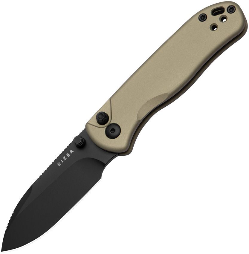 KIZER KIV36192CD1 V36192CD1 DROP BEAR 2 PUSH LOCK NITRO V STEEL TAN ALUMINIUM HANDLE FOLDING KNIFE. - SRK KNIVES AND SPORTS INC