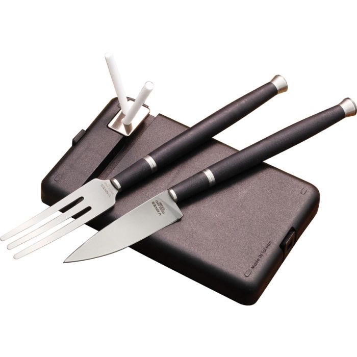 SPARTAN BLADES SBPCDS1 CARNIVORE DINING SET – VG - 10 KNIFE BLADE, STAINLESS FORK, BLACK G10 HANDLES, CERAMIC SHARPENING RODS, MADE IN TAIWAN - S&R KNIVES INC