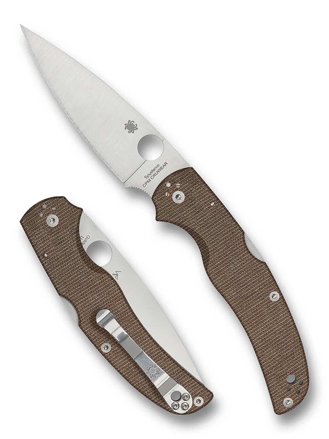 SPYDERCO NATIVE CHIEF C244MPCW2 | CPM - CRUWEAR BLADE & BROWN CANVAS MICARTA HANDLE FOLDING KNIFE. - SRK KNIVES AND SPORTS INC