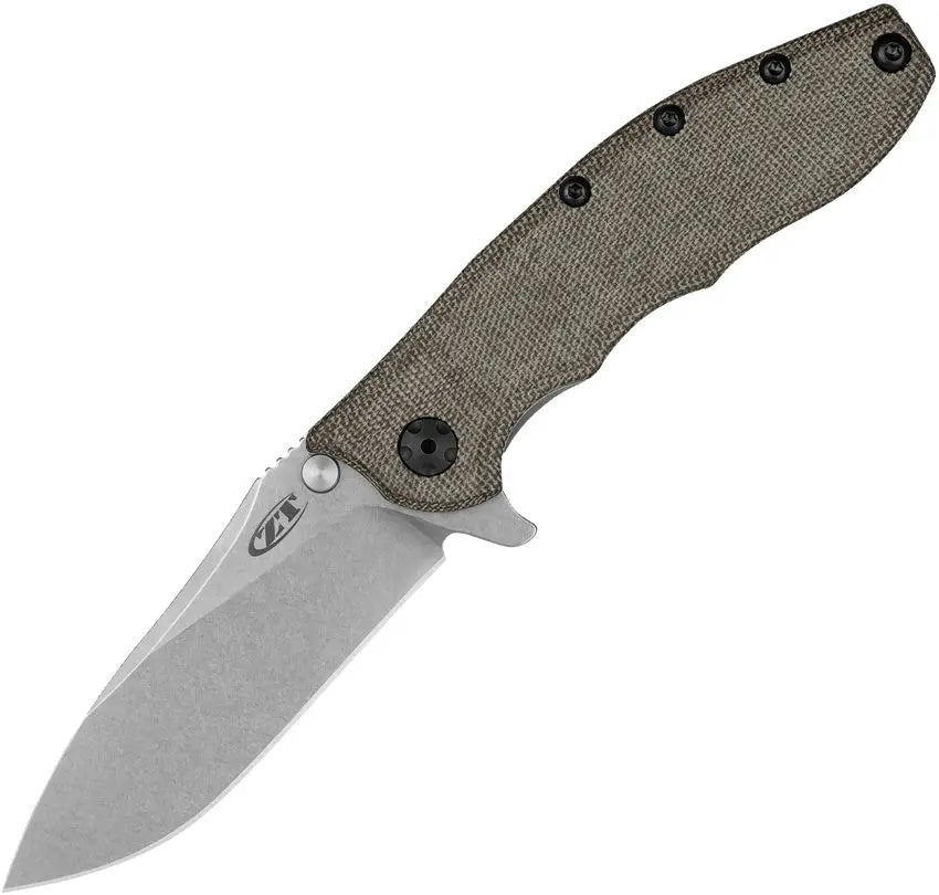 Zero Tolerance Hinderer 0562MIC Frame Lock Flipper Knife 3.5" CPM - MagnaCut Stonewashed Drop Point Blade, Green Canvas Micarta with Titanium Back Handle - SRK KNIVES AND SPORTS INC