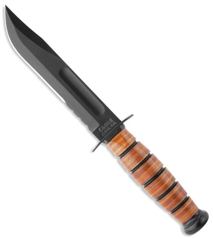 KABAR 1252 USMC SHORT KABAR COMBO EDGE FIXED BLADE KNIFE WITH LEATHER SHEATH - S&R KNIVES INC