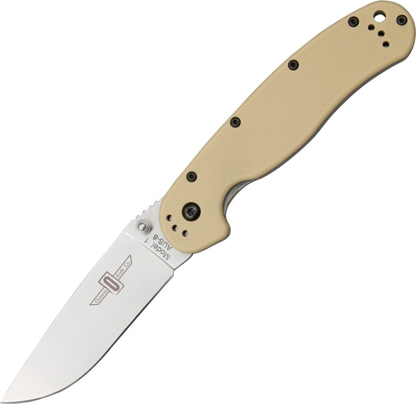 ONTARIO 8848DT RAT MODEL 1 SATIN PLAIN EDGE DESERT TAN FOLDING KNIFE - S&R KNIVES INC