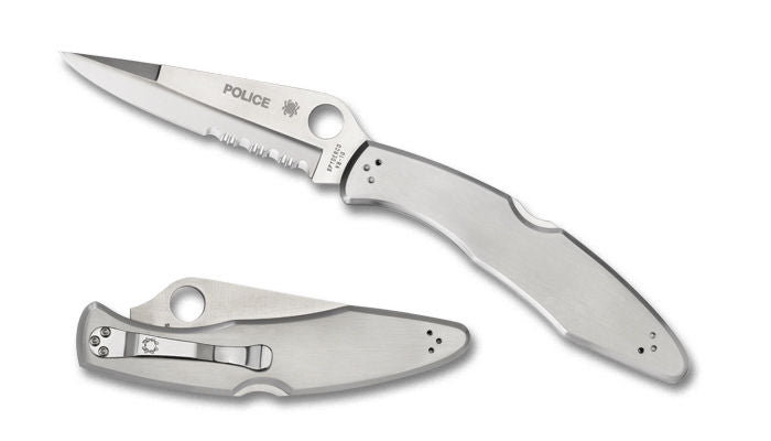 SPYDERCO POLICE C07PS – VG - 10 HOLLOW GROUND BLADE, STAINLESS STEEL HANDLE, BACK LOCK, MADE IN JAPAN - S&R KNIVES INC