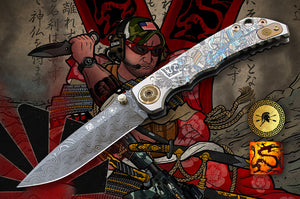 SPARTAN HARSEY RONIN TU LAM GUN FIGHTER CAD NICHOLS DAMASCUS FOLDING KNIFE. AVAILABLE NOV. 8TH