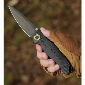 KARBON KARB120 BUCK HORN BLACK ALUMINIUM HANDLE KEN ONION 14C28 STEEL 2024 BLADE SHOW FOLDING KNIFE.