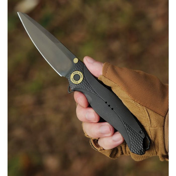 KARBON KARB120 BUCK HORN BLACK ALUMINIUM HANDLE KEN ONION 14C28 STEEL 2024 BLADE SHOW FOLDING KNIFE.