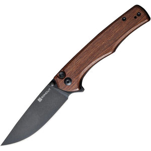 SENCUT S210125 CROWLEY WOOD HANDLE PUSH LOCK D2 STEEL STONEWASH FINISH FOLDING KNIFE.