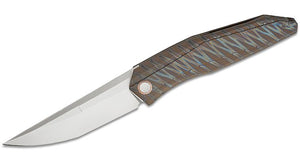 WE KNIVES WE220333 CYBERNETI CPM-20CV STEEL TIGER STRIPE FLAMED TI HANDLE LIMITED EDITION FOLDING KNIFE.