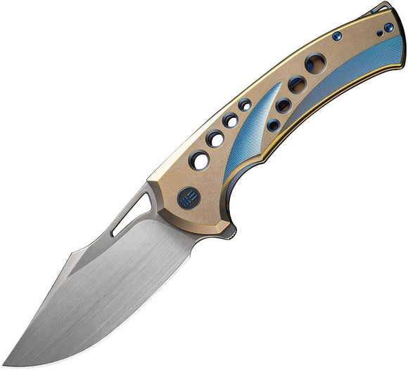 WE KNIVES WE230514 SWIFTFIN FRAMELOCK BLUE CPM-20CV BLUE GOLD TI HANDLE FOLDING KNIFE.