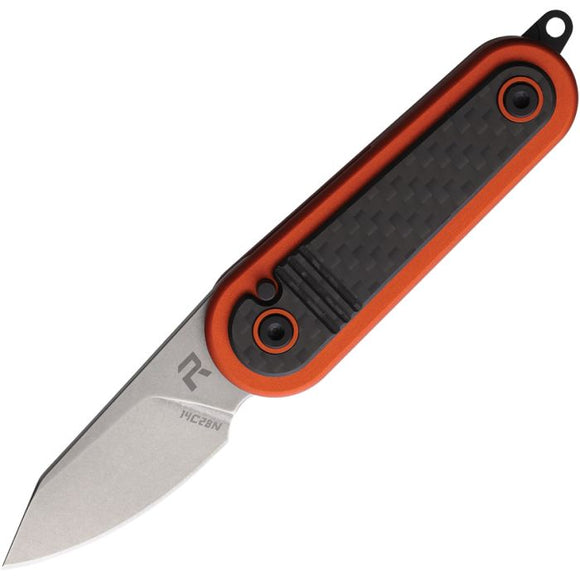 REVO KNIVES REVSPRTOR SPIRIT PUSH LOCK 14C28N STEEL ORANGE STAILESS STEEL CF ONLAY HANDLE FOLDING KNIFE.