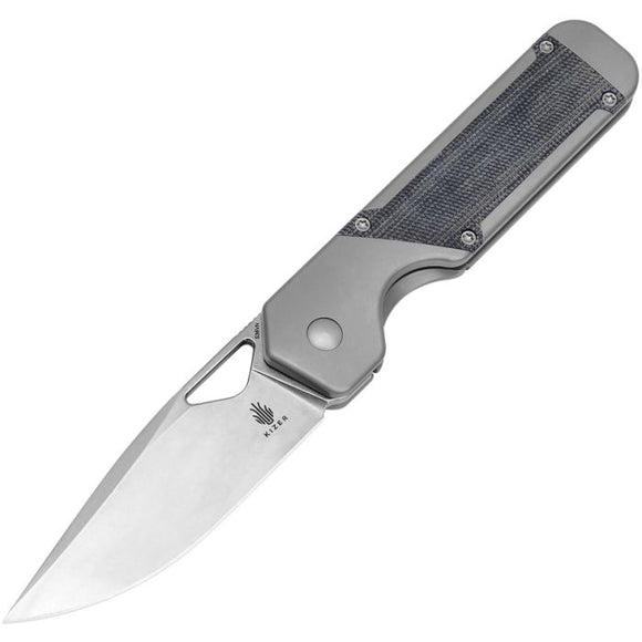 KIZER CUTLERY KI3634A1 MILITAW S35VN STEEL GRAY TI HANDLE WITH MICARTA INLAY FOLEING KNIFE.