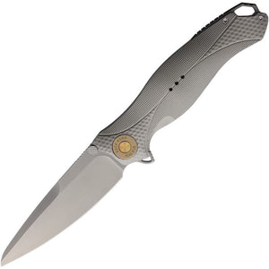 KARBON KARB119 BUCK HORN GRAY ALUMINIUM HANDLE KEN ONION 14C28 STEEL 2024 BLADE SHOW FOLDING KNIFE.