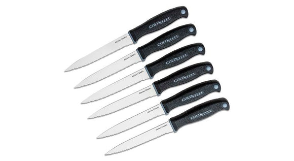 COLD STEEL 59KSS6Z SIX STEAK KNIFE SET 4116 STAINLESS FIXED BLADE STEAK KNIVES.