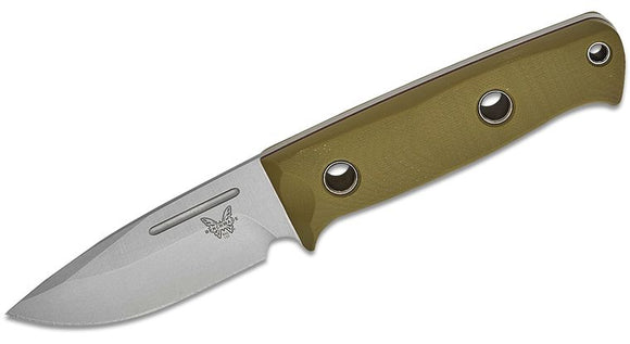 BENCHMADE 165 - 1 MINI BUSHCRAFTER – CPM® S30V® SATIN DROP POINT BLADE, GREEN G10 HANDLE WITH RED SPACERS, LEATHER SHEATH, MADE IN USA - S&R KNIVES INC