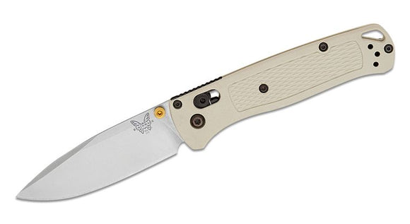 BENCHMADE 535 - 12 BUGOUT CPM - S30V SATIN BLADE TAN GRIVORY HANDLE GOLD HARDWARE AXIS LOCK FOLDING KNIFE USA MADE - S&R KNIVES INC