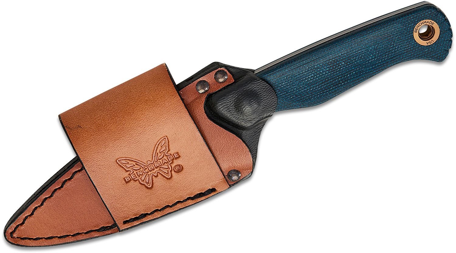 BENCHMADE DACIAN 203-04 - CPM-MAGNACUT SPEAR POINT FIXED BLADE KNIFE W/LEATHER SHEATH, DENIM MICARTA HANDLE - MADE IN USA