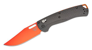 BENCHMADE TAGGEDOUT – MODEL 15535OR - 01 – CPM - MAGNACUT ORANGE CLIP POINT BLADE, CARBON FIBER HANDLE, AXIS LOCK, MADE IN USA - S&R KNIVES INC