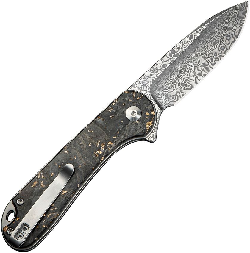 CIVIVI Knives Push Lock Elementum II Flipper Knife 2.96" Damascus Drop Point Blade, Gold Shred Carbon Fiber Handles - C18062P - 10 - SRK KNIVES AND SPORTS INC