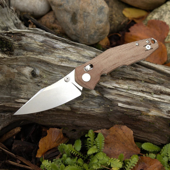 GIANTMOUSE ACE NAZCA – NATURAL CANVAS MICARTA HANDLE, STONEWASHED M390 BLADE, CROSS - BAR LOCK - S&R KNIVES INC