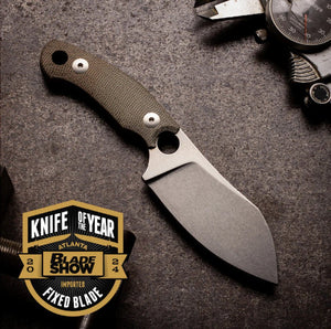 GIANTMOUSE GMF1 - XL – GREEN CANVAS MICARTA HANDLE, STONEWASHED N690 FIXED BLADE, LEATHER SHEATH - S&R KNIVES INC