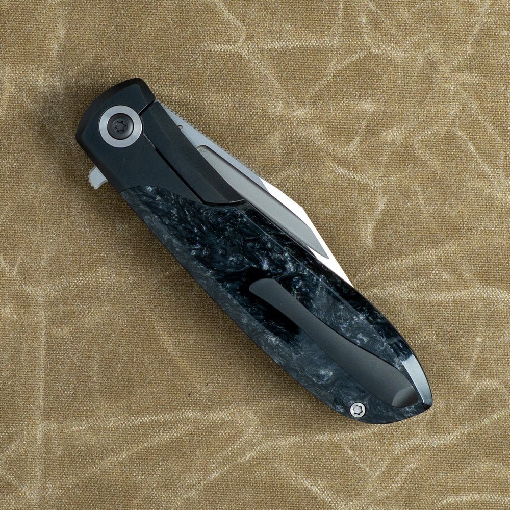 JACK WOLF KNIVES SCUFFLE - JW54346 - BELT SATIN S90V HOLLOW GROUND BLADE – KIRINITE BLACK ICE SCALES WITH D.L.C. TITANIUM BOLSTERS – MADE IN CHINA