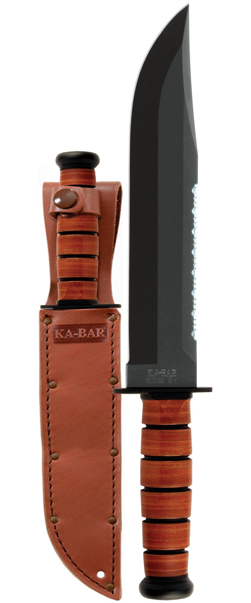 KA‑BAR SAWBACK BOWIE – MODEL 2217 – 9.25" 1095 CARBON STEEL SAWBACK BLADE – STACKED LEATHER HANDLE – MADE IN USA - SRK KNIVES AND SPORTS INC
