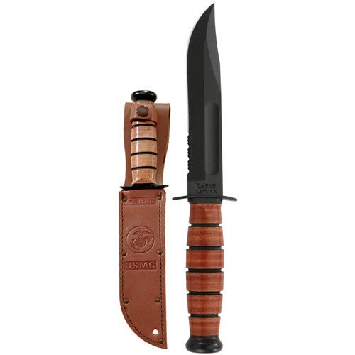 KA‑BAR SHORT USMC SERRATED – MODEL 1252 – 5.25" PARTIALLY SERRATED 1095 CRO‑VAN CLIP POINT BLADE – STACKED LEATHER HANDLE – MADE IN USA - SRK KNIVES AND SPORTS INC