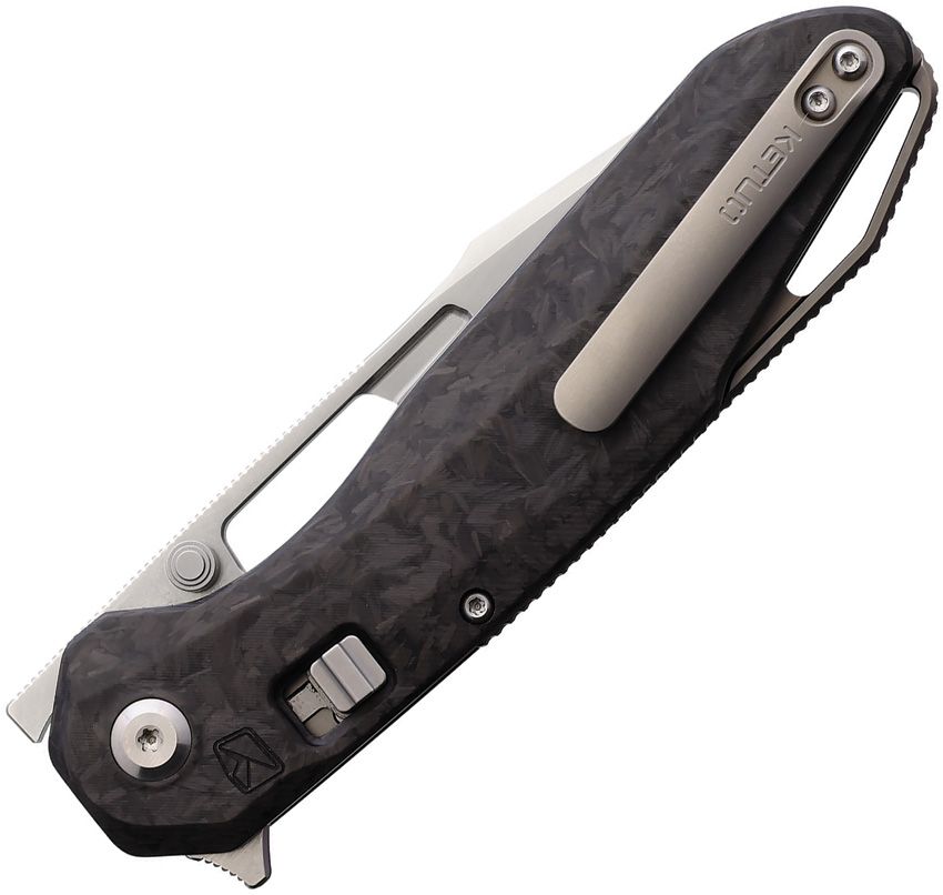KETUO KETM051  TRIAD PUSH LINERLOCK M390 STEEL SHREDDED CF HANDLE TANTO FOLDING KNIFE.