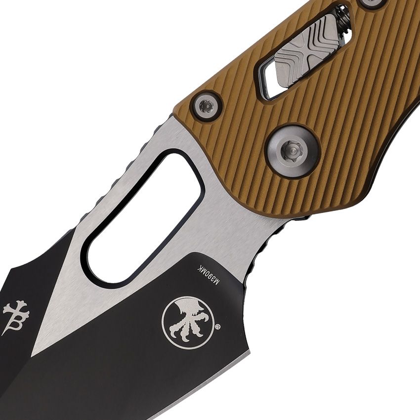 MICROTECH MCT16517 STITCH M390MK STEEL RAM LOCK TWO TONE TAN FLUTED HANDLE FOLDING KNIFE.