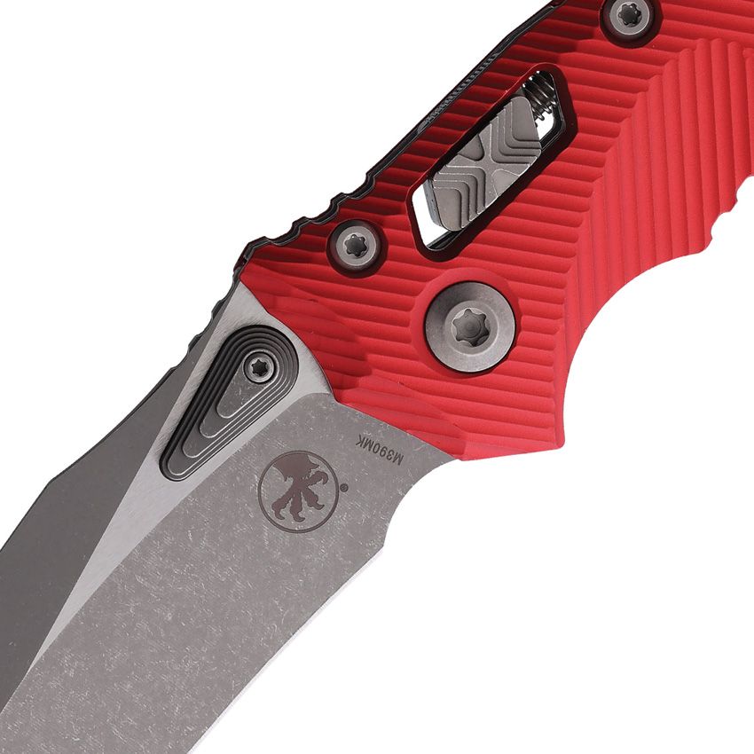 MICROTECH AMPHIBIAN S/E RAM-LOK MCT18645 – APOCALYPTIC M390MK BLADE – RED FLUTED ALUMINUM HANDLE – MADE IN USA