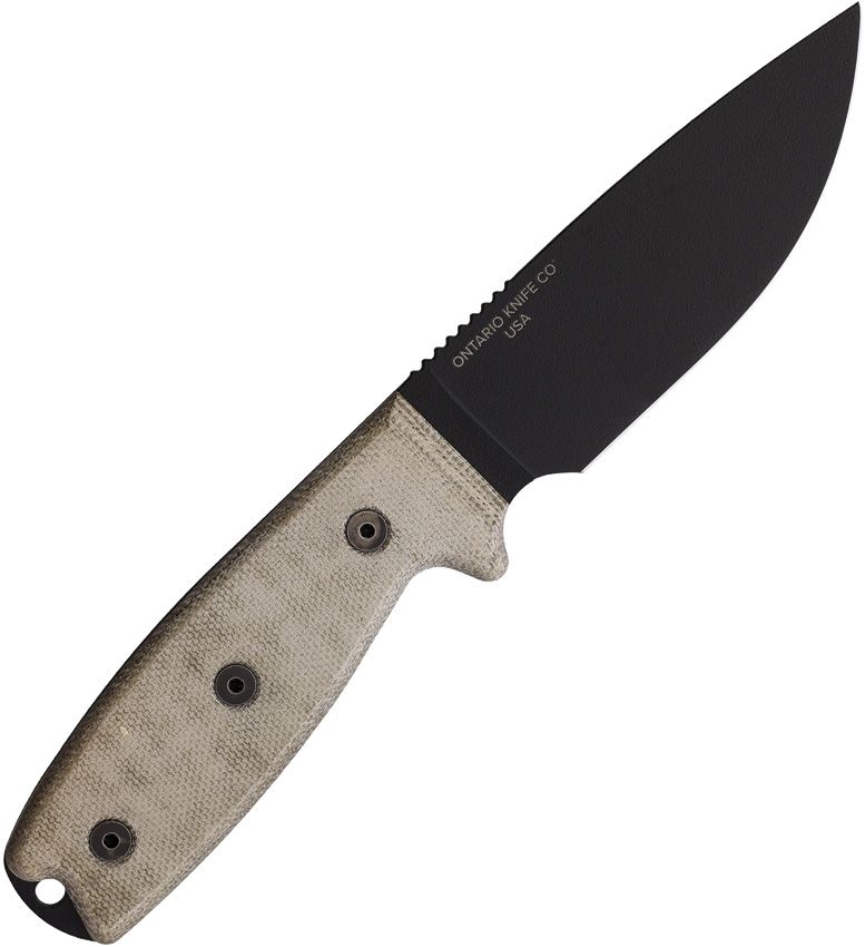 ONTARIO 8630 RAT3 1075 HC STEEL TAN MICARTA HANDLE FIXED BLADE KNIFE WITH SHEATH.