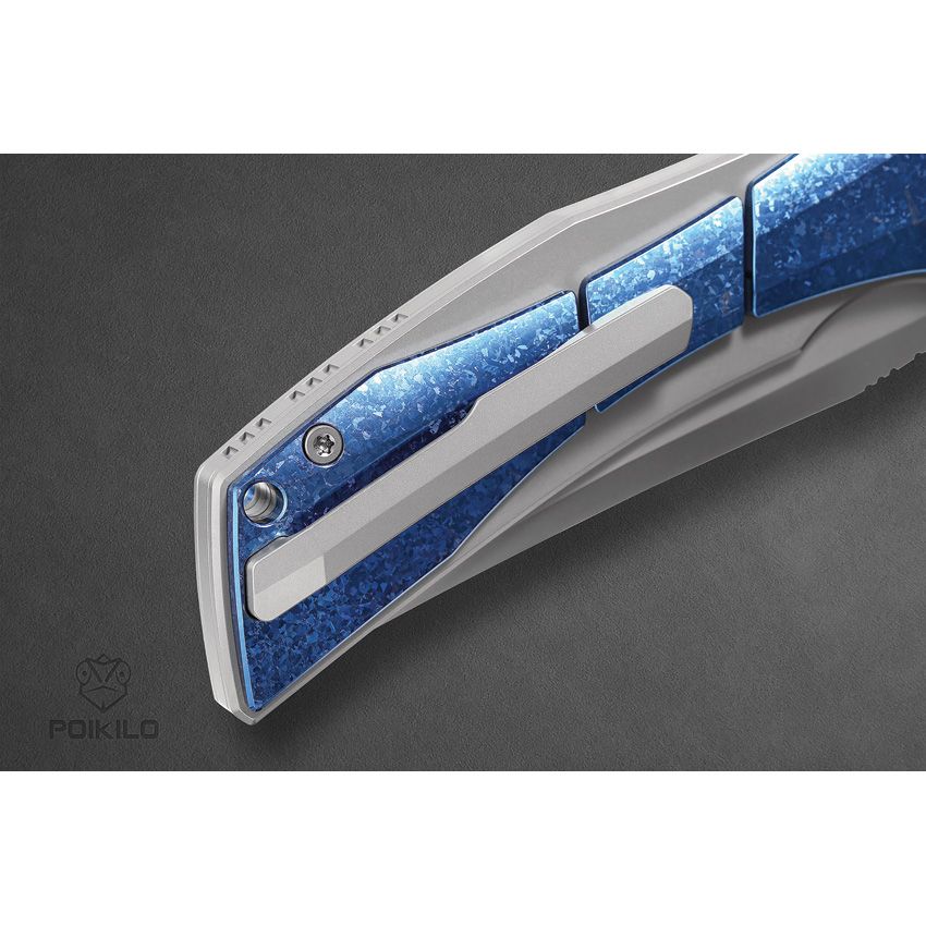 POIKILO BLADE PKBANOLIS1 ANOLIS BLUE FRAMELOCK STONEWASH GRAY TI M398 STEEL FOLDING KNIFE.