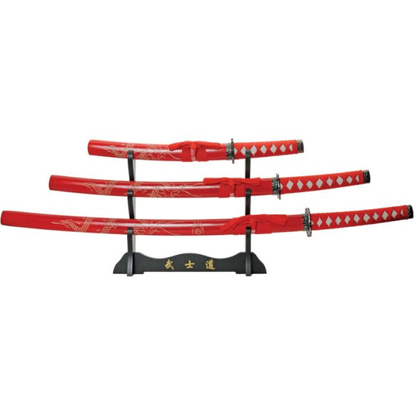 RITE EDGE CN926970RD 3PC RED DRAGON SWORD SET WITH DISPLAY. - S&R KNIVES INC
