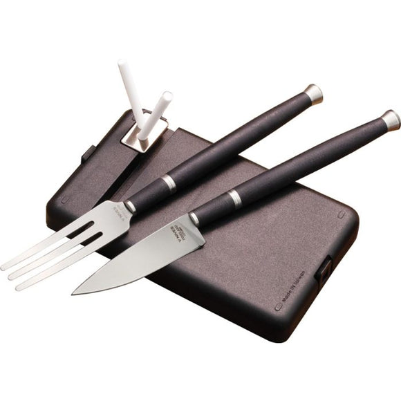 SPARTAN BLADES SBPCDS1 CARNIVORE DINING SET – VG - 10 KNIFE BLADE, STAINLESS FORK, BLACK G10 HANDLES, CERAMIC SHARPENING RODS, MADE IN TAIWAN - S&R KNIVES INC