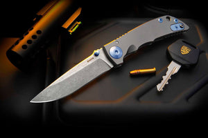 SPARTAN HARSEY FOLDER 3.25 – CPM S45VN STONE WASHED BLADE, 6AL - 4V TITANIUM FRAME, BLUE ANODIZED HARDWARE, FRAME LOCK, MADE IN USA - S&R KNIVES INC