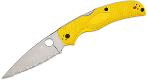 SPYDERCO NATIVE CHIEF C244SYL LIGHTWEIGHT SALT MAGNACUT – C244SYL – CPM - MAGNACUT SATIN SERRATED DROP POINT BLADE, YELLOW FRN HANDLE, LOCKBACK, MADE IN USA - S&R KNIVES INC