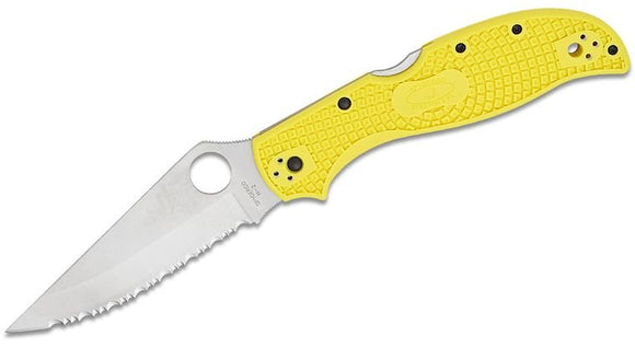 SPYDERCO STRETCH 2 XL LIGHTWEIGHT SALT – YELLOW FRN HANDLE, SERRATED H - 2 BLADE, LOCKBACK – MADE IN JAPAN – MODEL C258SYL - S&R KNIVES INC
