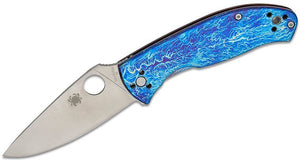 SPYDERCO TENACIOUS BLUE DISARRAY TITANIUM D2 – C122TIBLD2P – D2 SATIN LEAF - SHAPED BLADE, CHIDORI PATTERN TITANIUM HANDLE, R.I.L. FRAME LOCK, MADE IN CHINA - S&R KNIVES INC