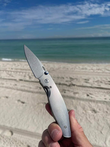 TRM KNIVES ATOM TI PINSTRIPE 3D SMOOTH CPM MAGNACUT STEEL LINERLOCK FOLDING KNIFE. - SRK KNIVES AND SPORTS INC