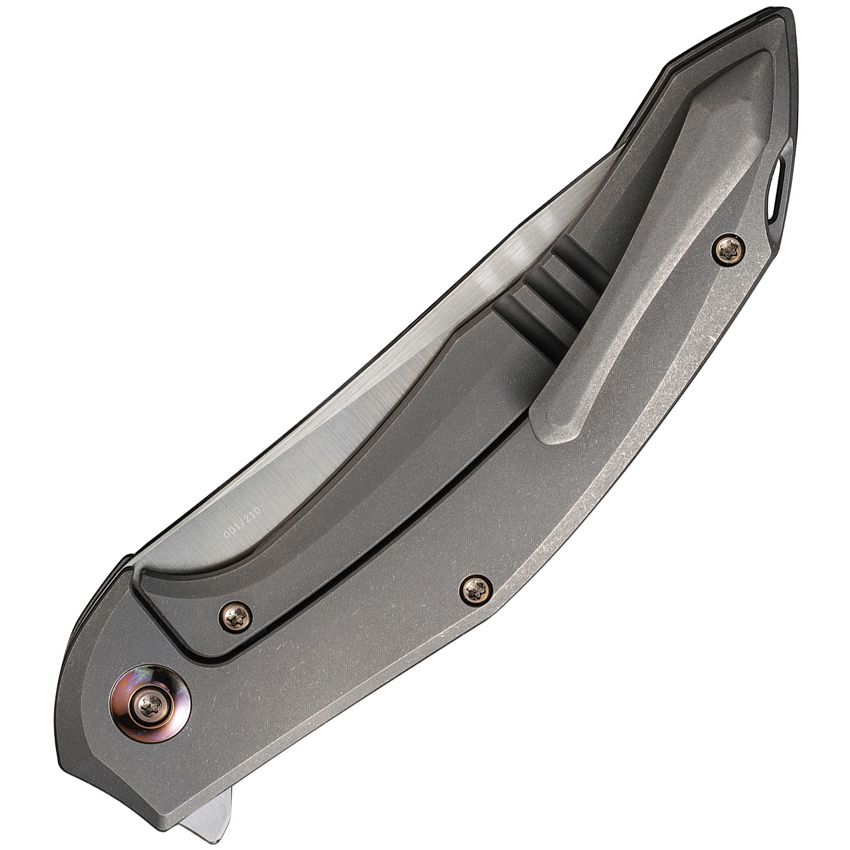 WE KNIFE MERATA WE22008A-2 – GRAY TITANIUM HANDLE, FRAME LOCK, CPM 20CV STEEL FOLDING KNIFE – MADE IN CHINA