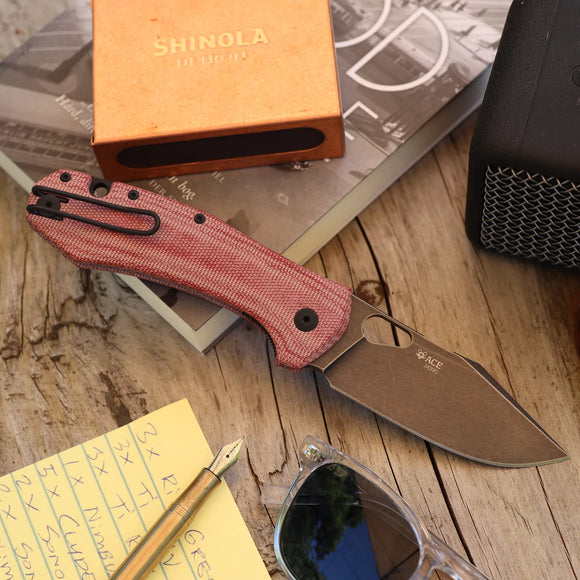 GIANT MOUSE ACE KNIVES ACE GRAND ELMAX STEEL BLACKOUT RED CANVAS MICARTA FOLDING KNIFE.