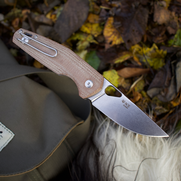 GIANT MOUSE ACE KNIVES NIMBUS V2 NATURAL MICARTA ELMAX STEEL FOLDING KNIFE.