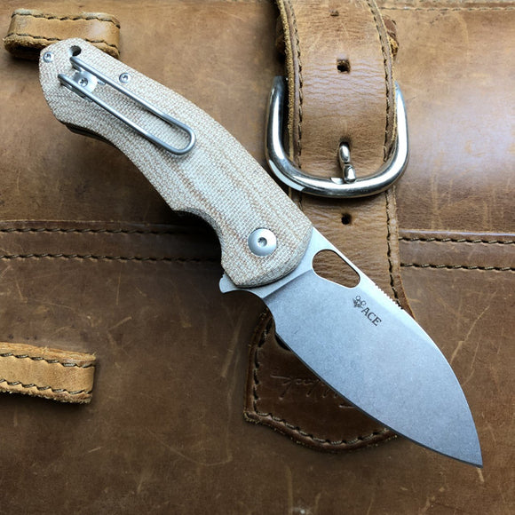 GIANT MOUSE ACE KNIVES BIBLIO NATURAL CANVAS MICARTA M390 FOLDING KNIFE.