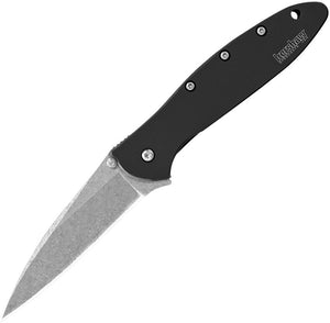 KERSHAW 1660SWBLK LEEK STONE WASH BLACK HANDLE ASSISTED FOLDING KNIFE.