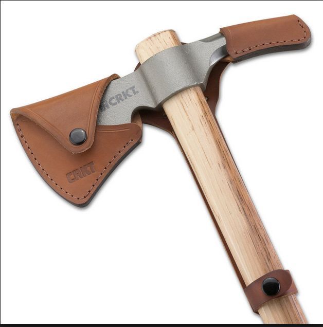CRKT 2735 RMJ WOODS KANGEE T-HAWK TOMAHAWK WITH LEATHER SHEATH.