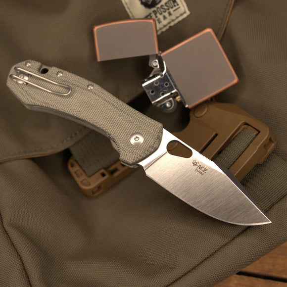 GIANT MOUSE ACE KNIVES ATELIER GREEN CANVAS HANDLE ELMAX STEEL FOLDING KNIFE - S&R KNIVES INC